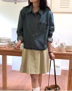 韓版小眾設計單口袋牛仔襯衫-000125-全店新款85折