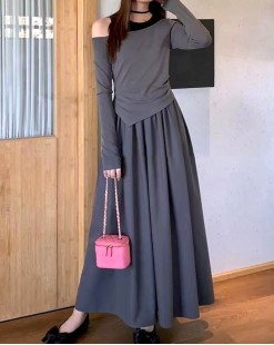 韓版露肩不規則上衣+橡筋半截裙兩件套-001556-全店新品，買滿$400即減$80輸入優惠碼(New2023)