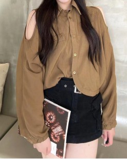 韓版洋氣露肩凈色襯衫-001610-全店新品，買滿$400即減$80輸入優惠碼(New2023)