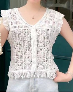 甜美鏤空V領針織背心（韓國女裝）-B0611-限時頸減6折
