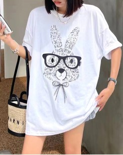  寬鬆剪裁卡通眼鏡兔子印圖長版Tee（韓國女裝）-B0674- 限時頸減7折