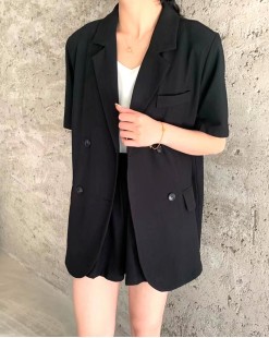 簡約純色微透短袖西裝薄外套（韓國女裝）-B0735-限時頸減7折