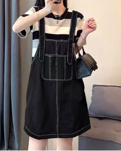 減齡假兩件拼接背帶連身裙（韓國女裝）-B0746-限時頸減7折
