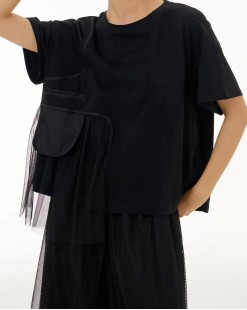 高含棉不規則蕾絲拼接短袖TEE-（韓國女裝）-B0763-限時頸減7折