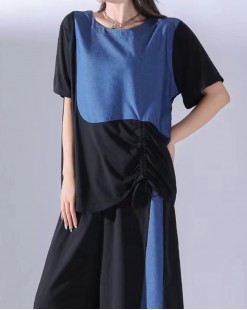 高含棉下擺抽繩撞色拼接短袖TEE-（韓國女裝）-B0769-限時頸減7折