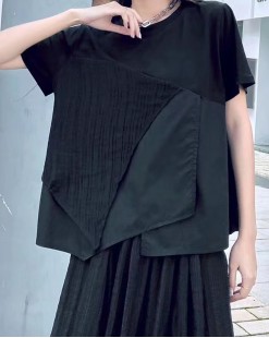 不規則疊層褶皺拼接短袖TEE/上衣-（韓國女裝）-B0773-限時頸減7折
