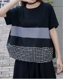  波點條紋拼接短袖TEE/上衣-（韓國女裝）-B0774--限時頸減7折